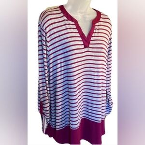 Nwot Kim Rogers XL Blouse, V-neck, burgundy and white stripe.